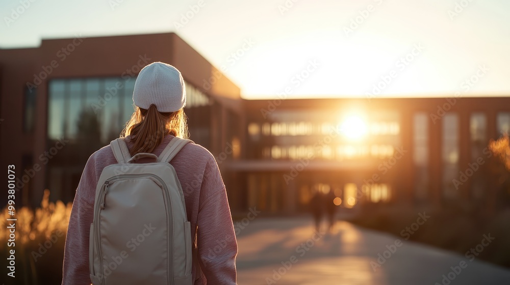 A person wearing a backpack is walking towards a modern building at sunrise, capturing the essence of a new beginning, determination, and the start of a new journey in a serene morning light. A person wearing a backpack is walking towards a modern building at sunrise, capturing the essence of a new beginning, determination, and the start of a new journey in a serene morning light.