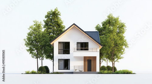 3D rendering of a house model with a simple white background. It is a modern, two-story, small family home