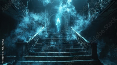 Ethereal Figure in Haunted Staircase Scene