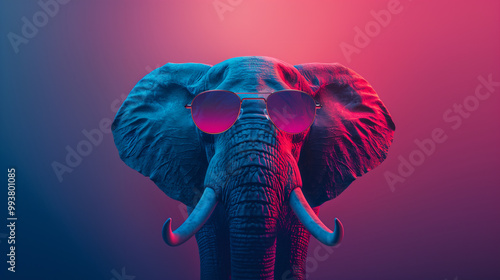 An elefant with sunglasses in front of a colorful background