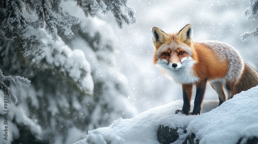Obraz premium A Japanese red fox in a snow-covered forest, leaving room for copy space in the sky.