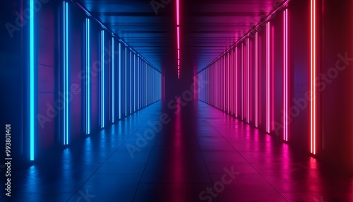 Futuristic hallway illuminated by vibrant pink and blue neon lights, sleek geometric architecture with glowing lines, sci-fi aesthetic