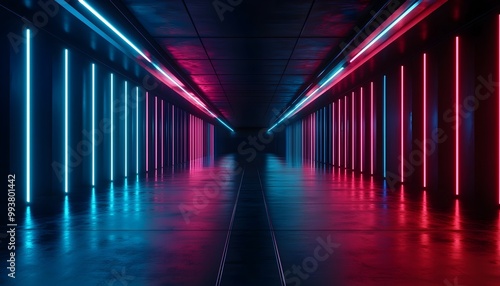 Futuristic hallway illuminated by vibrant pink and blue neon lights, sleek geometric architecture with glowing lines, sci-fi aesthetic