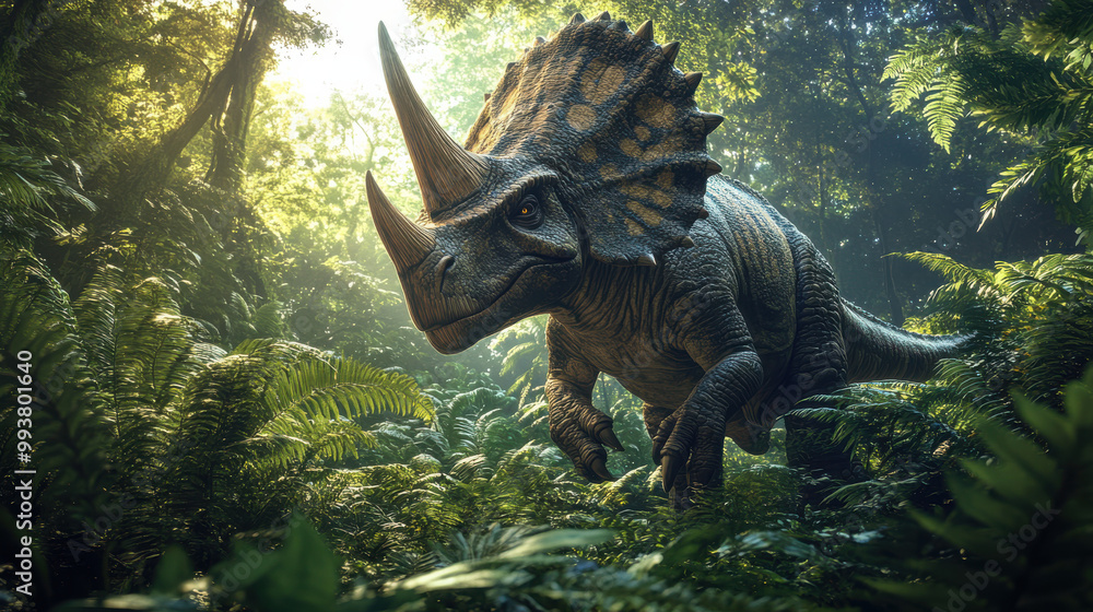 Obraz premium A majestic dinosaur resembling the triceratops from the original image, standing in a dense, prehistoric jungle, lush ferns and giant leaves around it