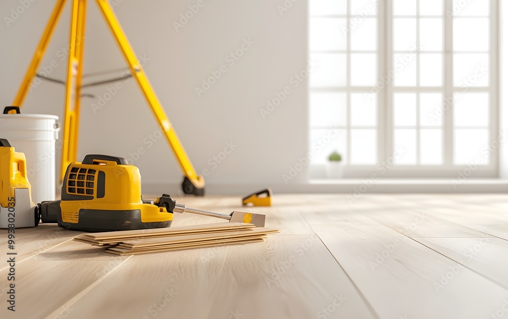 Fototapeta premium Home renovation in progress with a worker installing new wood flooring, modern tools and materials in a well-lit space