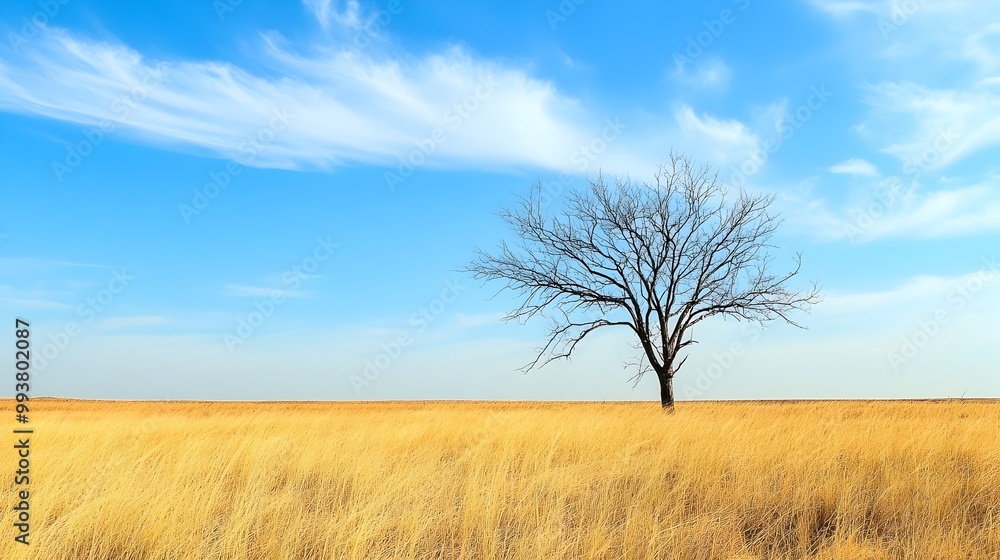 Solitary dry tree standing tall and proud in the midst of a vast grassy field its bare branches reaching towards the bright blue sky above as the golden grass sways gently in the breeze Solitary dry tree standing tall and proud in the midst of a vast grassy field its bare branches reaching towards the bright blue sky above as the golden grass sways gently in the breeze