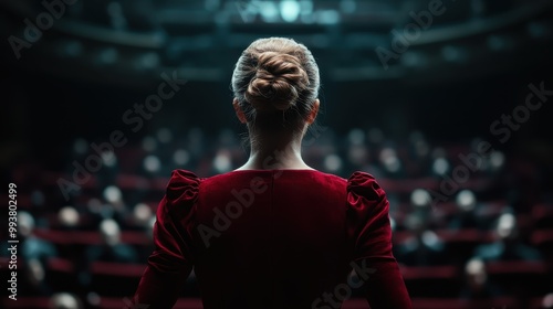 A woman in a red dress stands on a stage, facing an audience in a theater, illuminated by soft, dramatic lighting, suggesting a performance or a speech delivery. photo