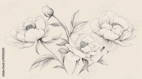 Fototapeta Naklejka Na Ścianę i Meble -  A collection of beautiful, hand-drawn peony flowers and leaves. These delicate illustrations are perfect for adding a touch of vintage charm to your designs.