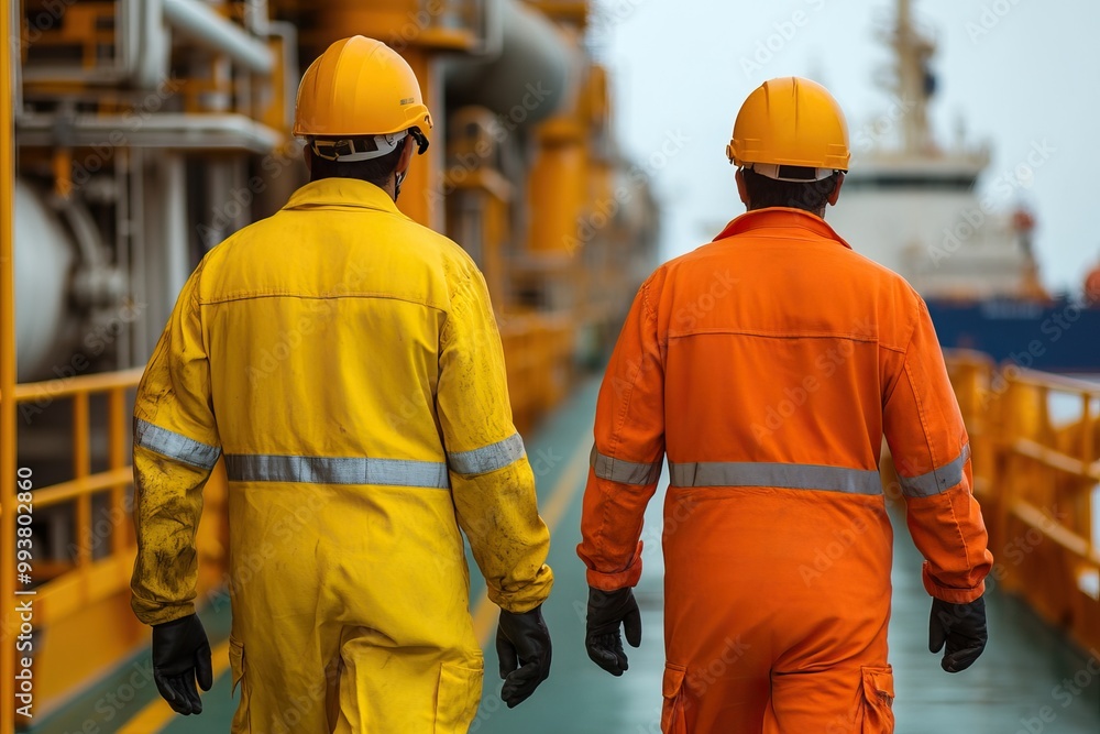 Workers in safety gear walking on a ship deck, showcasing teamwork and dedication in maritime operations. Workers in safety gear walking on a ship deck, showcasing teamwork and dedication in maritime operations.
