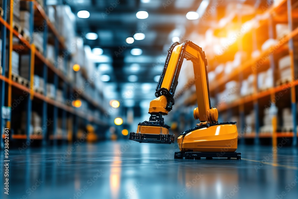 Fototapeta premium Yellow robotic arm in a warehouse setting, designed for automation and efficiency in logistics and manufacturing processes.
