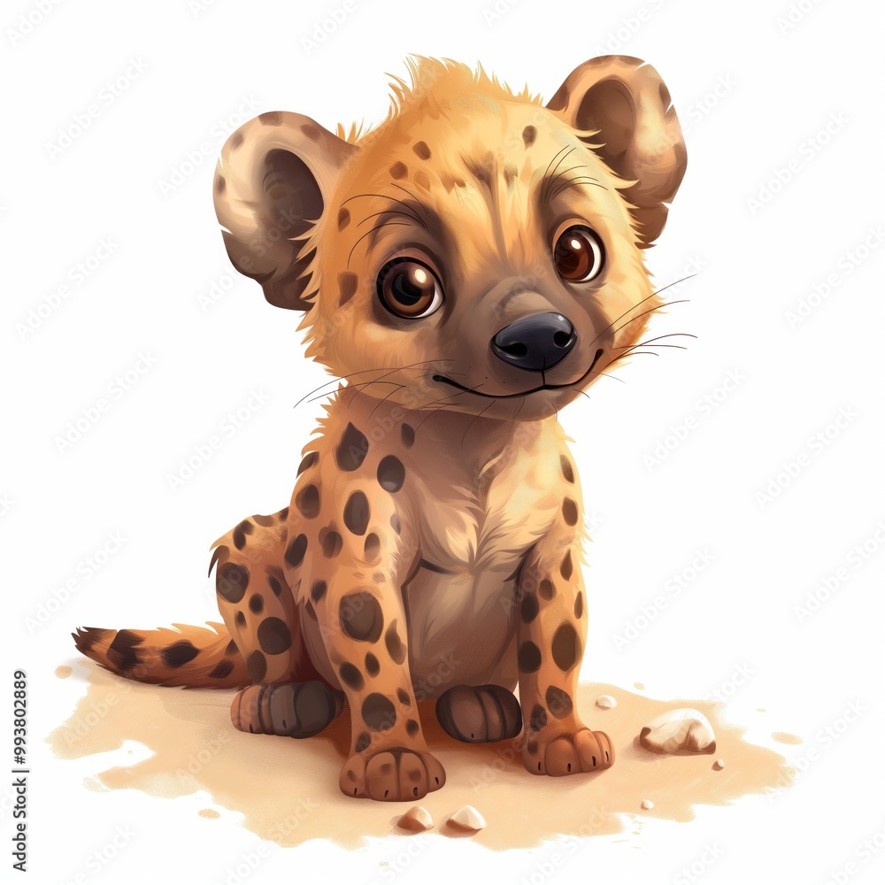Cute baby hyena sitting in the savanna illustration