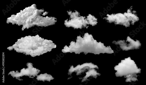 Fototapeta Naklejka Na Ścianę i Meble -  White clouds collection isolated on black background, cloud set on black. fluffy white cloudscape texture. Black sky nature background, cloudy, black and white, horizontal
