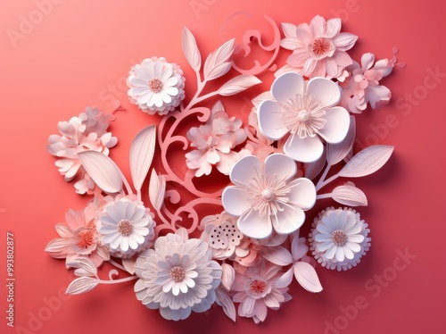 Paper flowers on a pink background. Flat lay, top view.