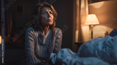 Depressed mature woman sitting in bedroom