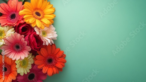 A colorful banner perfect for Mother's Day, birthdays, or International Women's Day. It features a beautiful bouquet of flowers on a green background with plenty of space for your message.