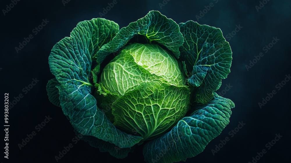 Obraz premium A crisp head of Chinese cabbage sits against a dark backdrop.