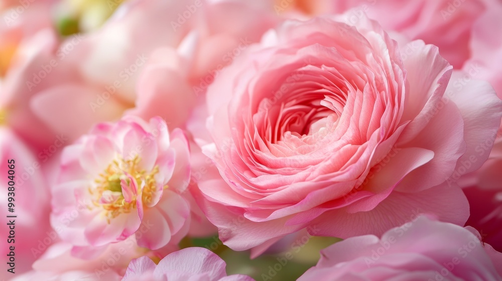 A delicate pink rose, captured up close, shows its soft petals. The background features a vibrant pink rose, while a pink ranunculus flower adds a touch of elegance. A delicate pink rose, captured up close, shows its soft petals. The background features a vibrant pink rose, while a pink ranunculus flower adds a touch of elegance.