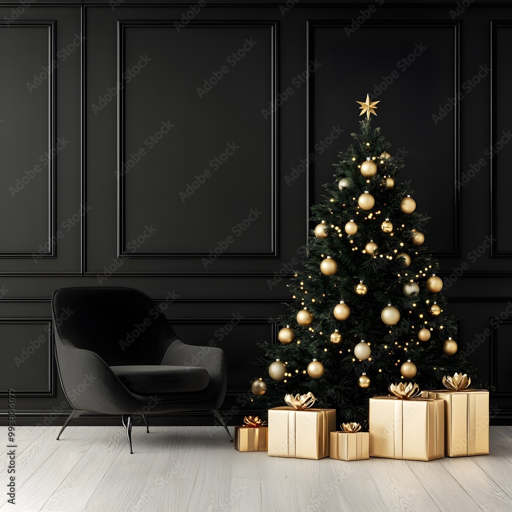 Modern Christmas tree with gold decorations in an elegant black-walled room, cozy armchair and gift boxes, stylish holiday scene Modern Christmas tree with gold decorations in an elegant black-walled room, cozy armchair and gift boxes, stylish holiday scene