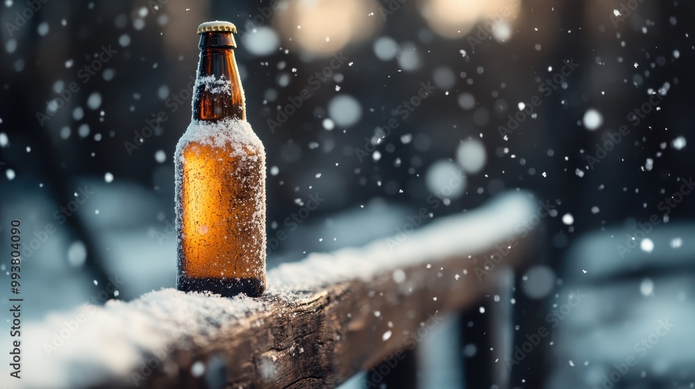A beer bottle in snow with surrounding falling snowflakes highlights the beauty of a winter setting, blending man-made elements with the tranquil atmosphere of nature. A beer bottle in snow with surrounding falling snowflakes highlights the beauty of a winter setting, blending man-made elements with the tranquil atmosphere of nature.