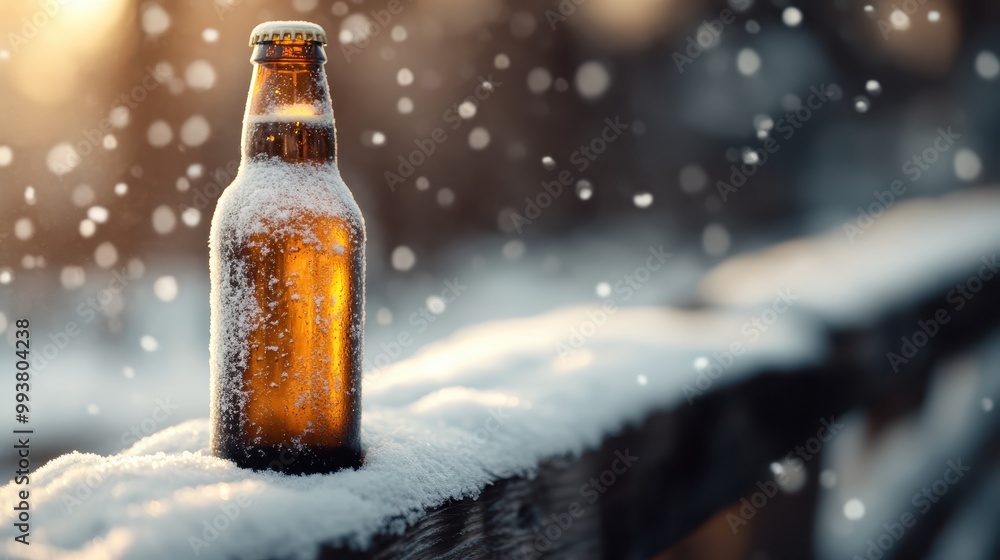 A beer bottle partially covered in snow sitting on a wooden railing, depicting a serene and cold winter setting with snowflakes falling gently in the distant background. A beer bottle partially covered in snow sitting on a wooden railing, depicting a serene and cold winter setting with snowflakes falling gently in the distant background.