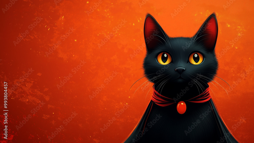 Obraz premium comic black cat on the side dressed for halloween with a red cape, isolated, free space on the side for lettering, abstract and clean background for text