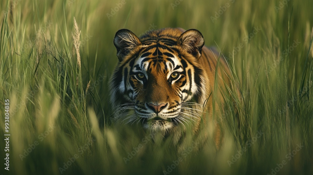 Fototapeta premium A Siberian tiger stalking through tall grass, leaving ample room for copy space in the background.