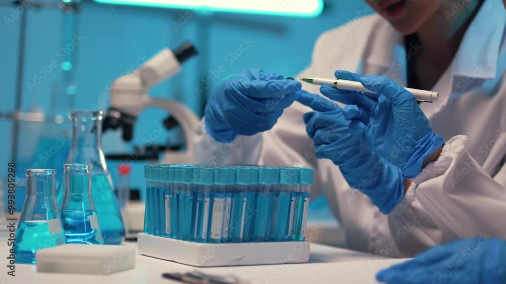 Scientist in a lab coat and gloves picking up a pen while working in a laboratory environment