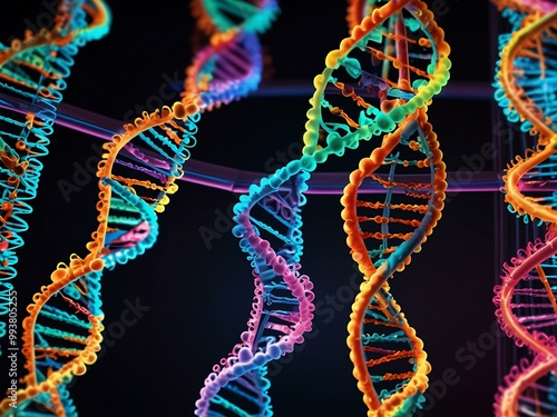 Captivating 3D DNA double helix illuminated by neon lights.