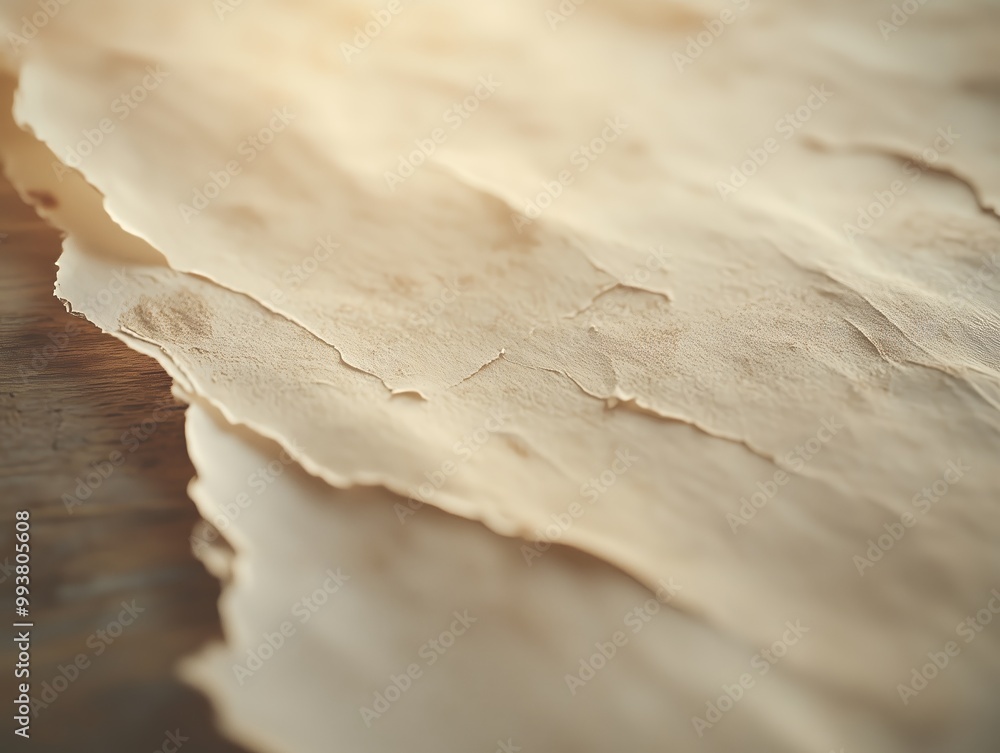 Close-up of torn paper shows textures, frayed edges, and warm light on rustic wood, evoking serene beauty. Close-up of torn paper shows textures, frayed edges, and warm light on rustic wood, evoking serene beauty.