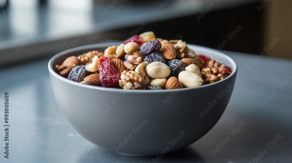 A gray bowl filled with dried fruits and nuts. A gray bowl filled with dried fruits and nuts.