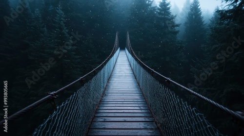 A suspension bridge leads into a misty, dense forest, evoking a sense of adventure, mystery, and the unknown, surrounded by thick pine trees and fog.