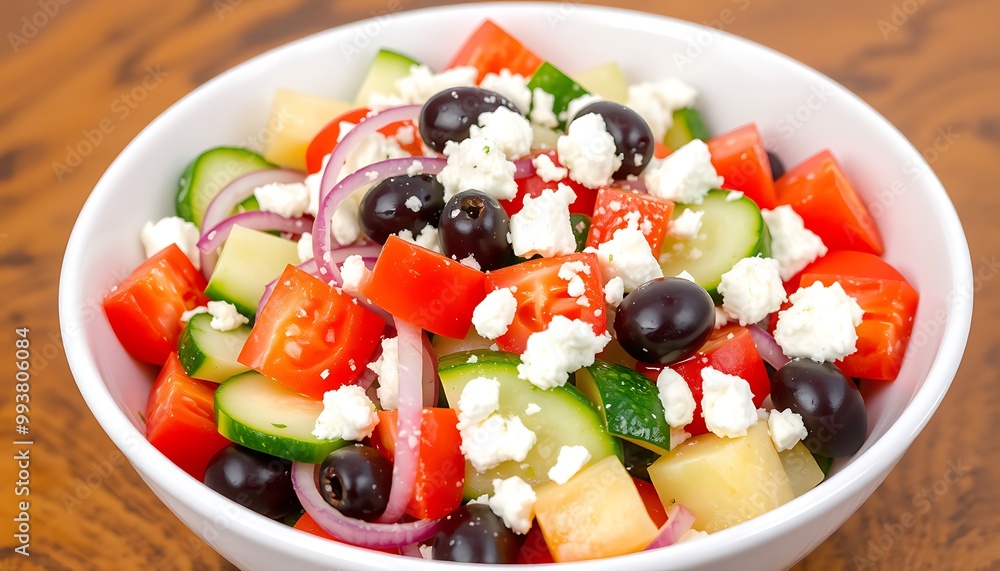 A delightful stock photo of a Greek salad served in a white bowl, featuring cucumbers, tomatoes, red onions, Kalamata olives, and crumbled feta cheese.
A delightful stock photo of a Greek salad served in a white bowl, featuring cucumbers, tomatoes, red onions, Kalamata olives, and crumbled feta cheese.