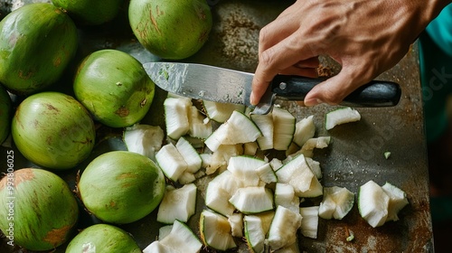 Top view of a man chopping fresh coconut with a knife for a drink against a backdrop of green coconuts. Young, fresh coconuts are a tropical fruit found in Thailand.