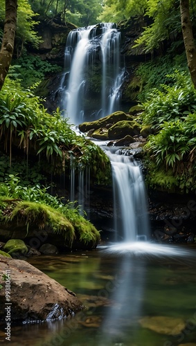 Cascading waterfalls in a lush green forest.