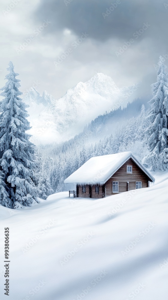 Serene winter landscape with a cozy cabin nestled among snow-covered trees and mountains. Serene winter landscape with a cozy cabin nestled among snow-covered trees and mountains.
