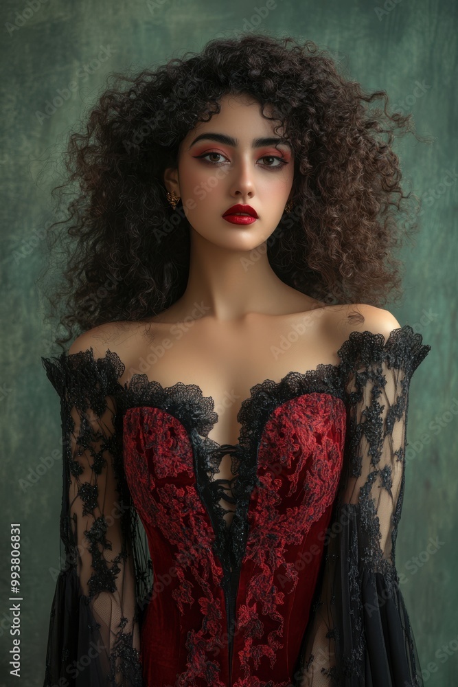 Fototapeta premium Portrait of a Middle Eastern woman with curly hair, wearing a glamorous red and black vampire gown, copy space, in a pale green and charcoal gray studio background, Halloween theme, mysterious 