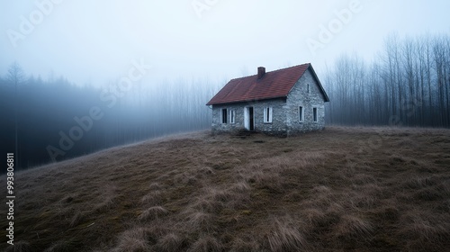 This image features an isolated stone house centered in a foggy field, conveying a sense of solitude, stillness, and tranquility amidst an ethereal setting. photo