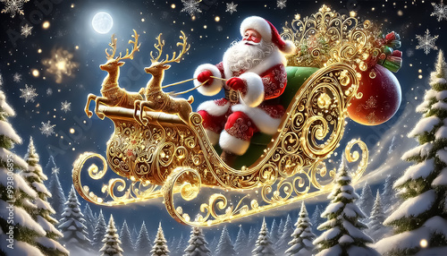 Santa Claus with his sleigh delivering gifts. Charming Christmas card with glittering background with full moon