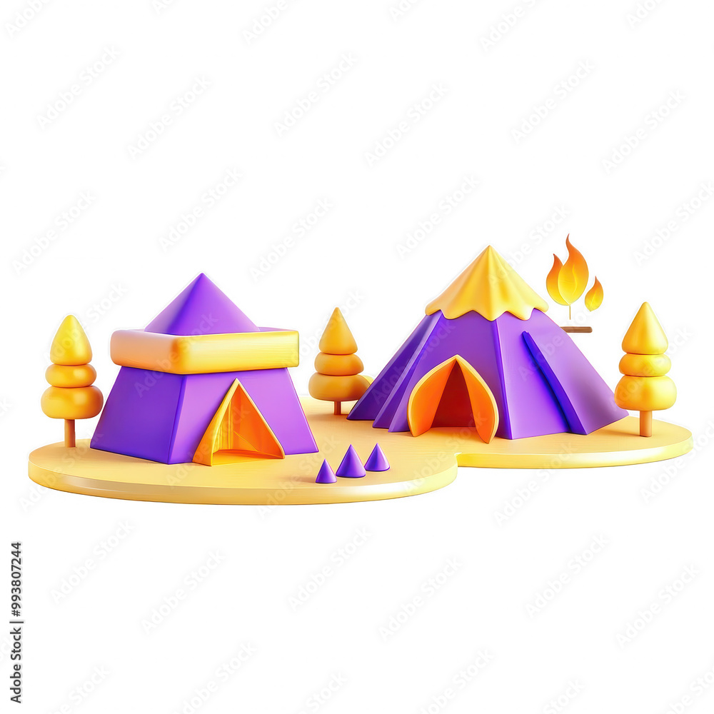 A colorful illustration of camping tents surrounded by trees and a small fire, set in a whimsical landscape. A colorful illustration of camping tents surrounded by trees and a small fire, set in a whimsical landscape.