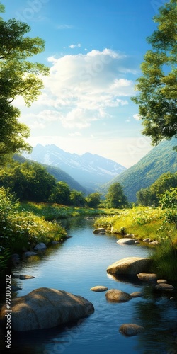 Serene river flowing through lush green hills under a clear blue sky.