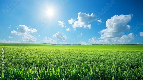 A lush green farm field stretches out under a clear blue sky dotted with white clouds. This idyllic countryside scene embodies the spirit of World Environment Day, showcasing the beauty of nature.