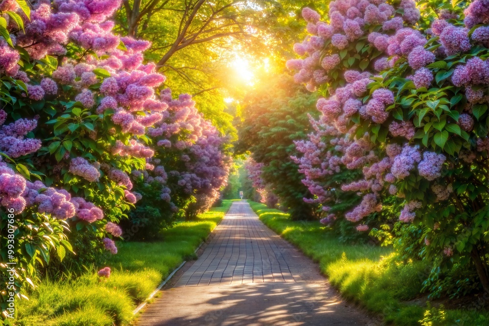 Serene path lined with lilac blooms and warm sunlight Serene path lined with lilac blooms and warm sunlight