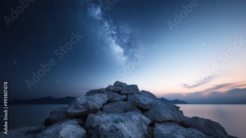 A rocky mound takes center stage beneath the vast, star-filled Milky Way night sky, exuding tranquility, mystery, and the wonders of the universe in a serene landscape.