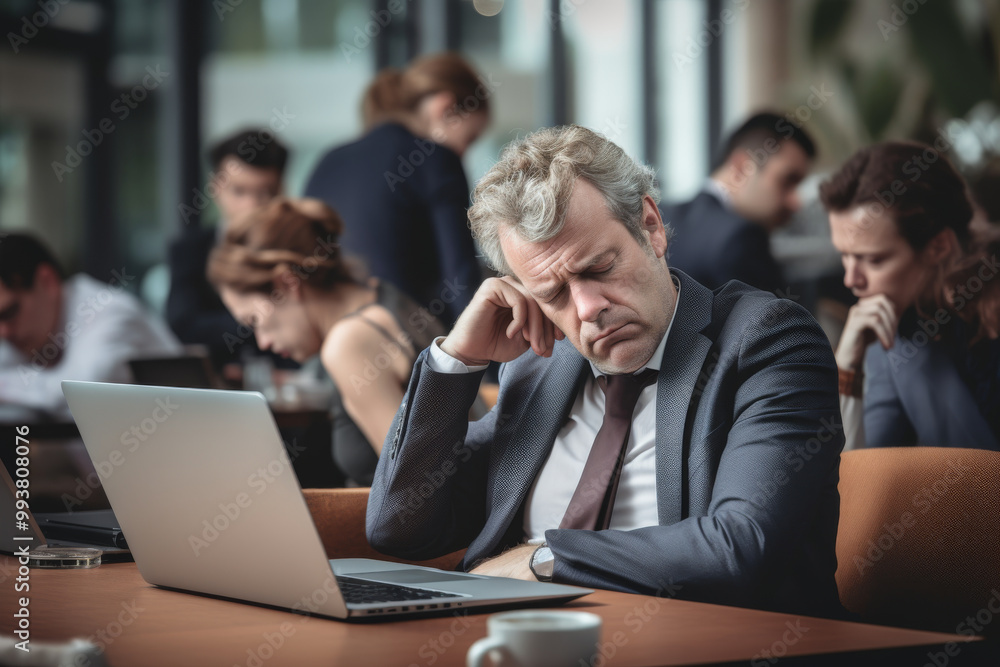 A tired business man on Zoom call, surrounded by colleagues in busy office environment, reflects stress of modern work life. His exhaustion is palpable as he struggles to stay engaged A tired business man on Zoom call, surrounded by colleagues in busy office environment, reflects stress of modern work life. His exhaustion is palpable as he struggles to stay engaged