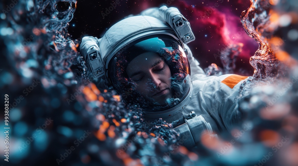 An astronaut is depicted in a vibrant cosmic environment, surrounded by bright and colorful space phenomena, emphasizing human exploration and adventure. An astronaut is depicted in a vibrant cosmic environment, surrounded by bright and colorful space phenomena, emphasizing human exploration and adventure.