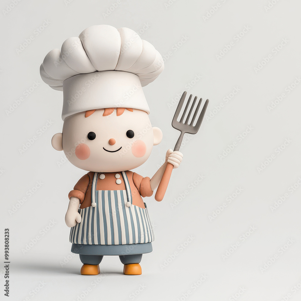 Cute cartoon chef character with a fork, cheerful expression, ready to cook delicious meals in a playful kitchen setting. Cute cartoon chef character with a fork, cheerful expression, ready to cook delicious meals in a playful kitchen setting.