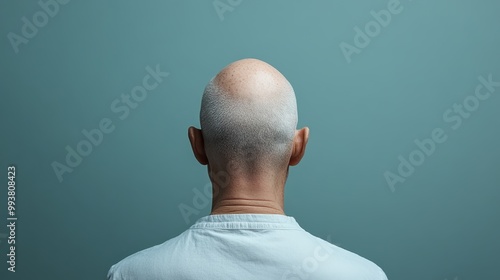 An image of a bald man viewed from behind, revealing a teal background that contrasts with the cleanly shaven head, offering a minimalistic aesthetic and focus on simplicity. photo