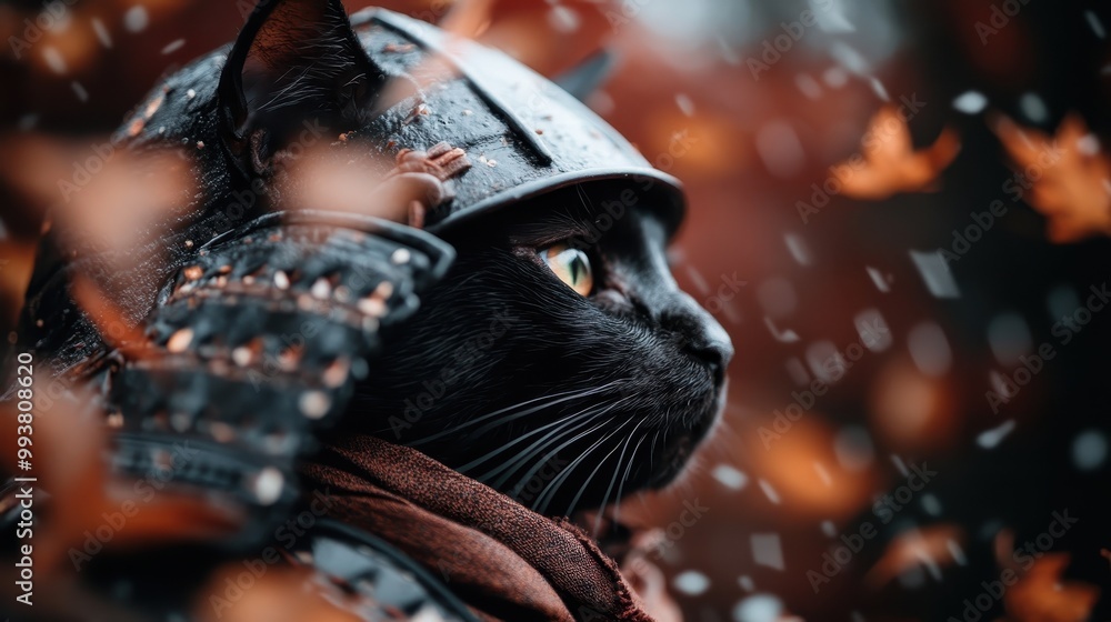 A black cat wearing medieval-style armor with a helmet, surrounded by falling autumn leaves, creating a dramatic and mysterious atmosphere. A black cat wearing medieval-style armor with a helmet, surrounded by falling autumn leaves, creating a dramatic and mysterious atmosphere.