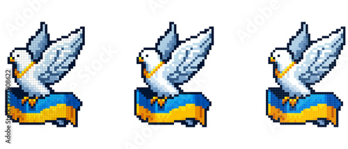 A charming pixel art dove carrying the Ukrainian flag, symbolizing peace and freedom. This image combines traditional pixel art style with strong cultural and political meanings.