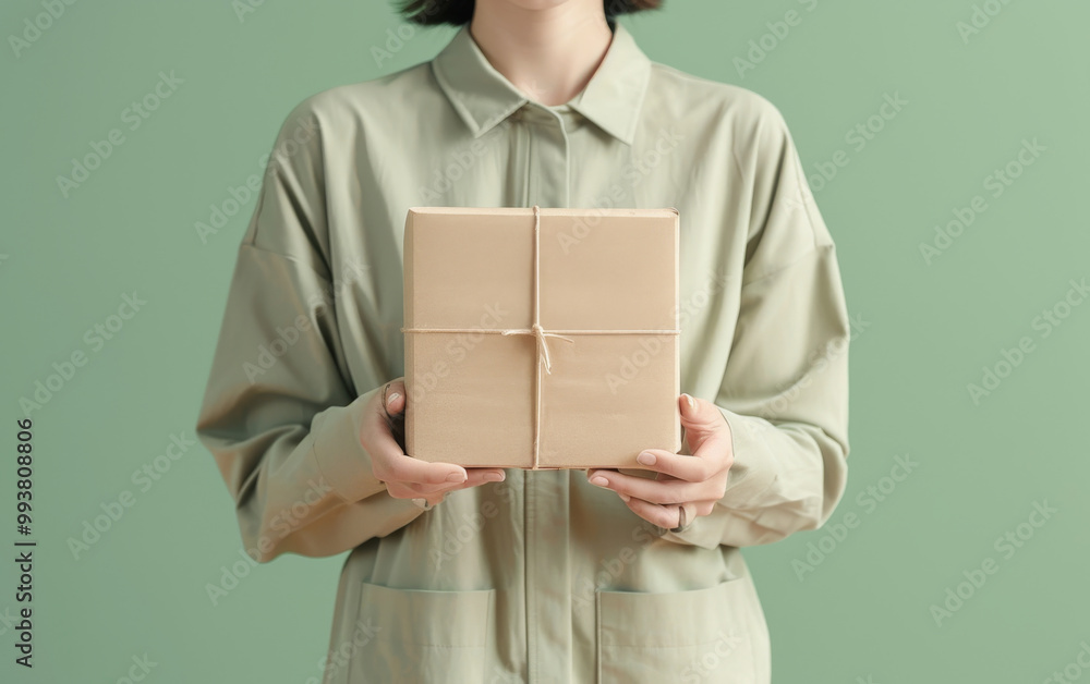 A person holding wrapped gift box with twine bow, showcasing minimalist style against soft green background. scene evokes feelings of anticipation and joy A person holding wrapped gift box with twine bow, showcasing minimalist style against soft green background. scene evokes feelings of anticipation and joy